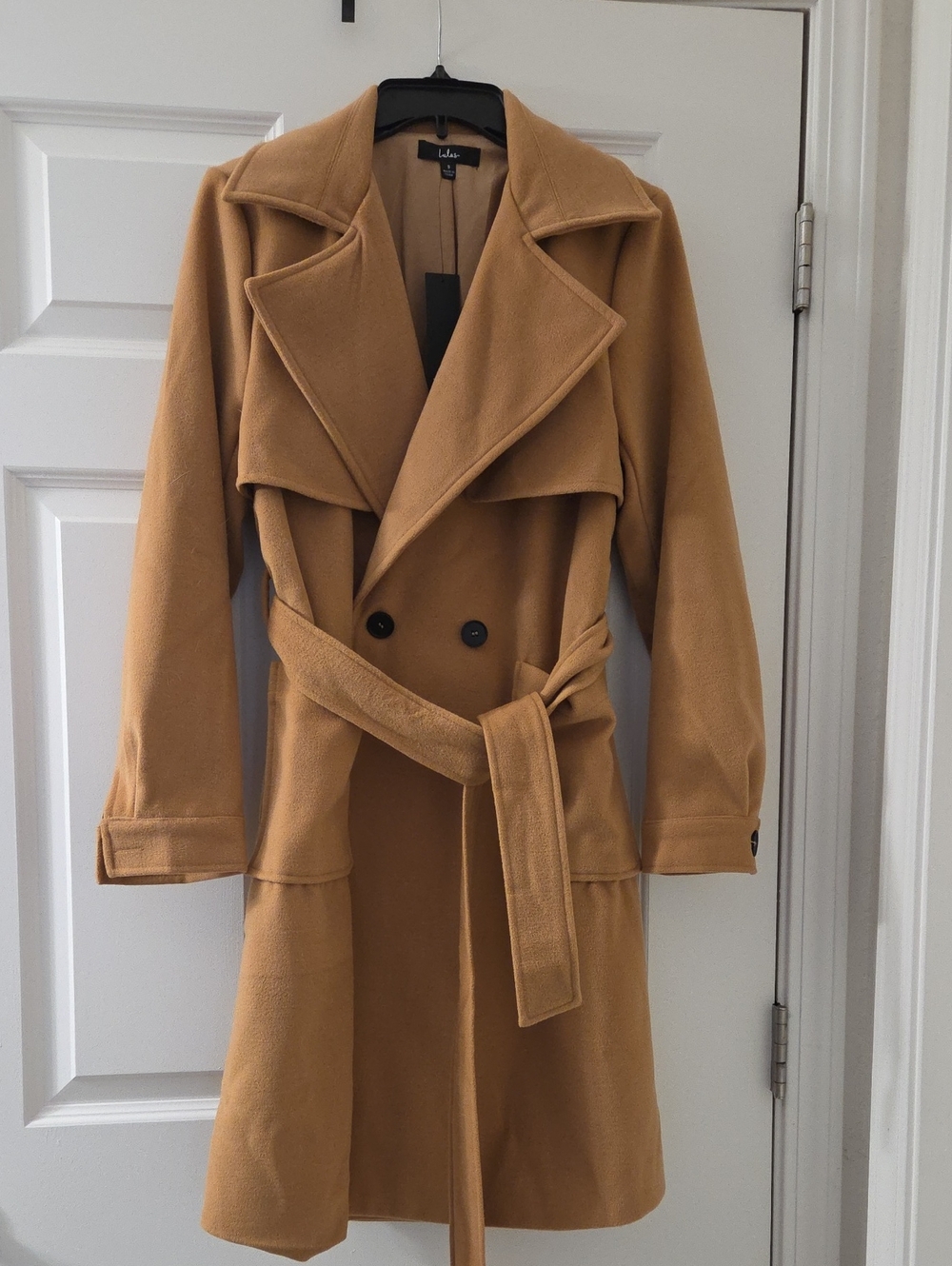 Lulu's Camel Double-Breasted Trench Coat with Tie Belt
